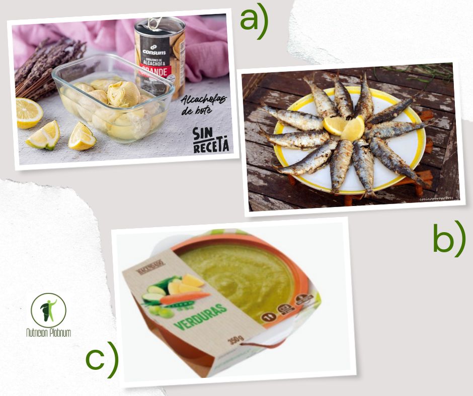 Alcachofas en conserva con sardinas a la plancha y crema de verduras